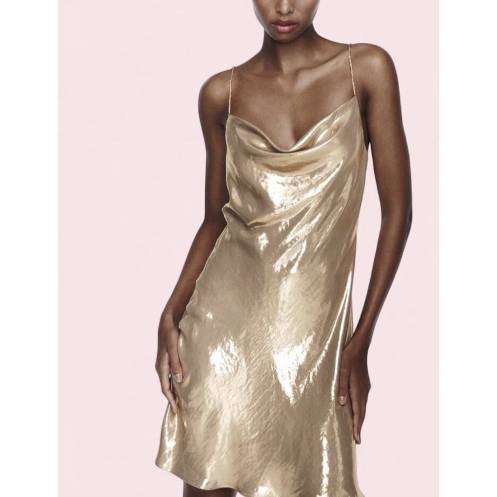 Zara Gold Metallic Satin Babydoll Mini Dress With Rhinestone Strap Sz Small